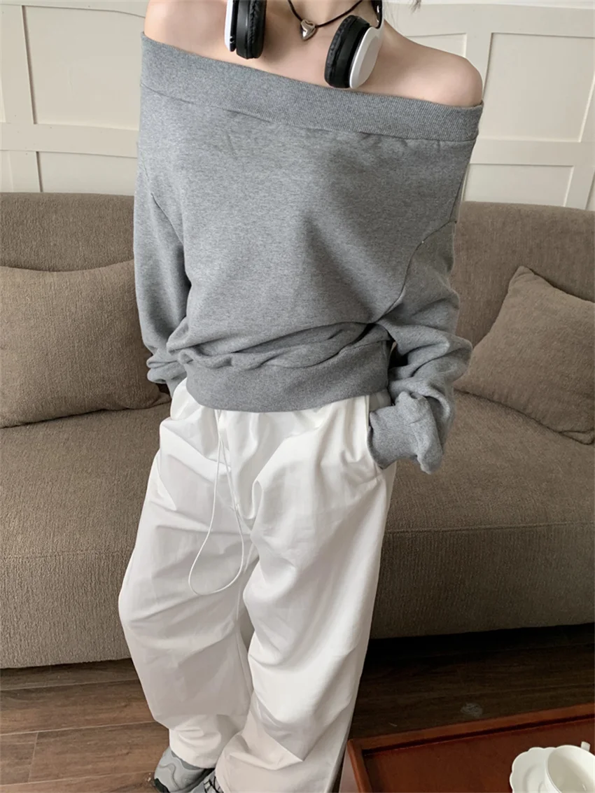 Arazooyi All Match Sweatshirts Women Slash Neck Sexy Slim Office Lady Full Sleeve Autumn 2023 Vintage Off Shoulders Daily