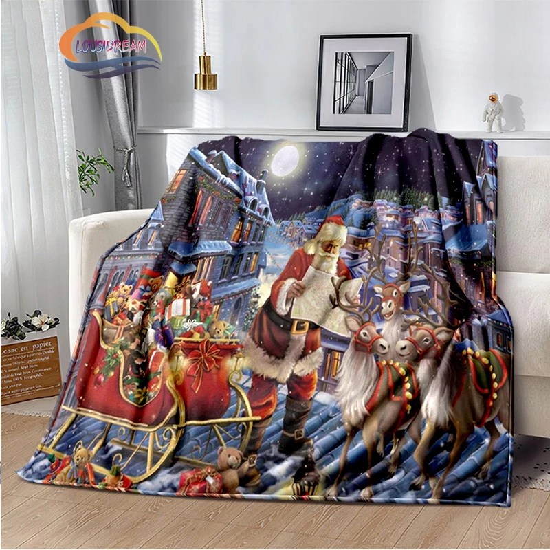 Fashion Christmas Flannel Blanket Santa Claus Warmth Soft Plush Sofa Bed Throwing   Gifts Travel Camping 