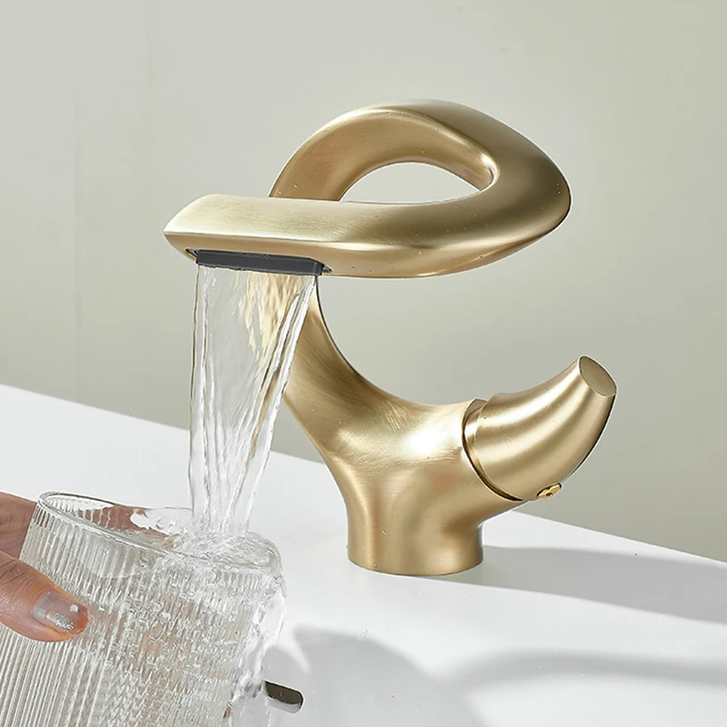 Basin Faucet Brushed Gold Waterfall Faucet Black Brass Bathroom Faucet Bathroom Basin Faucet Mixer Tap Hot And Cold Sink Faucets