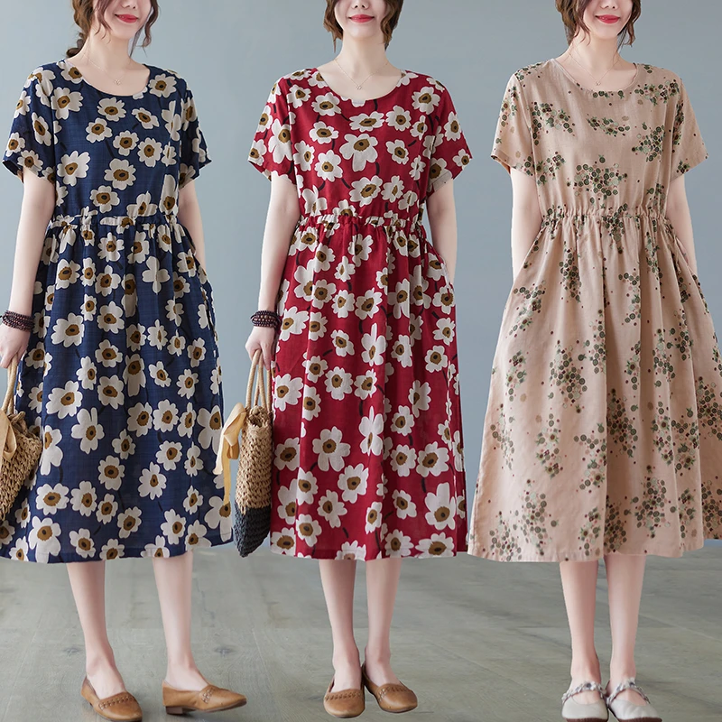 Loose Cotton Linen Summer Dress for Women 2023 New Print Casual Dress Female Elegant Midi