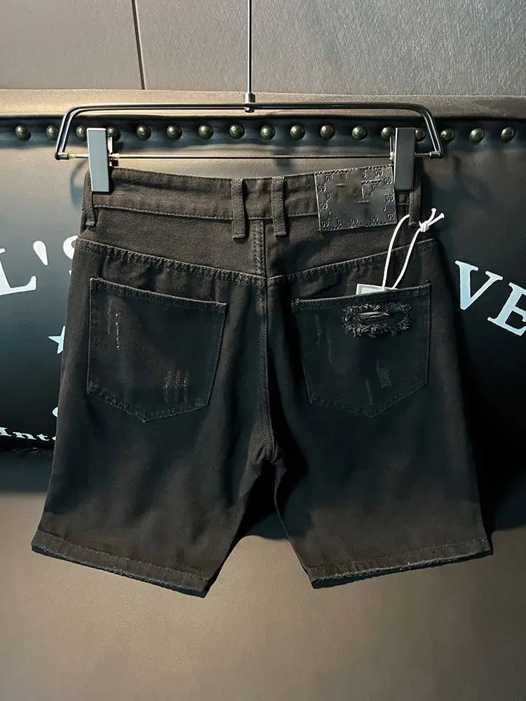 Ripped Denim Shorts Men's Black Summer Slim and Straight-fitting Korean Style Trendy Versatile Five-point Pants