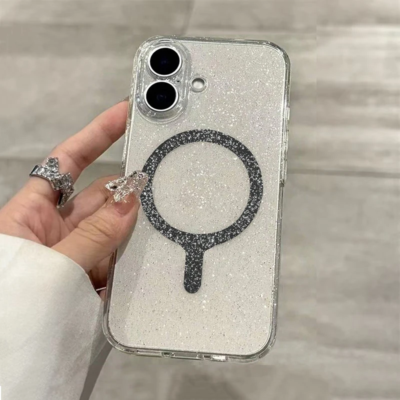 Transparent Magnetic Glitter Phone Case For iPhone 17 16 Pro