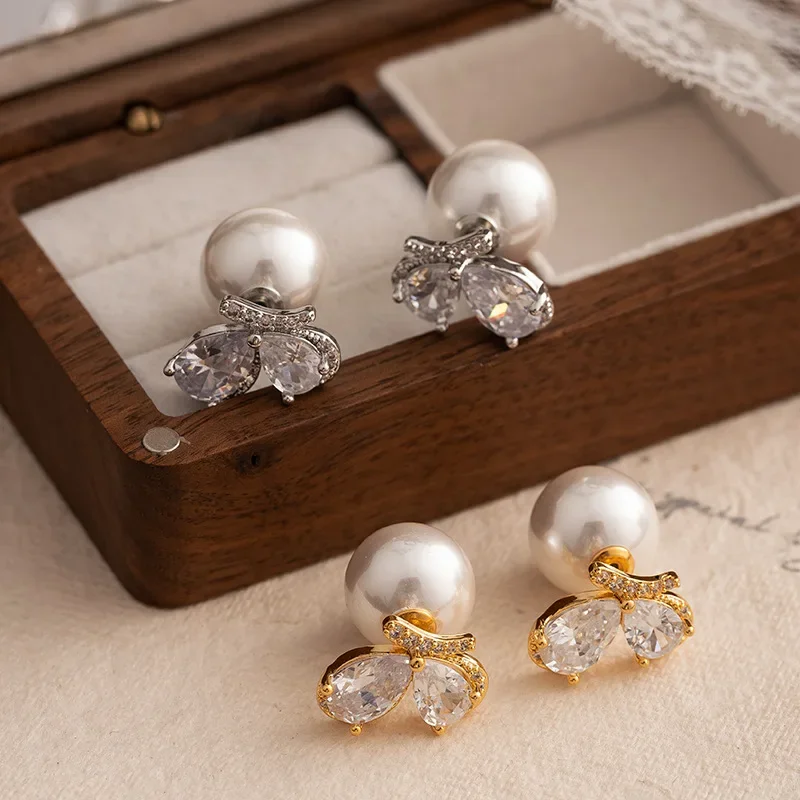 

Light luxury vintage cherry zircon imitation pearl earrings for women