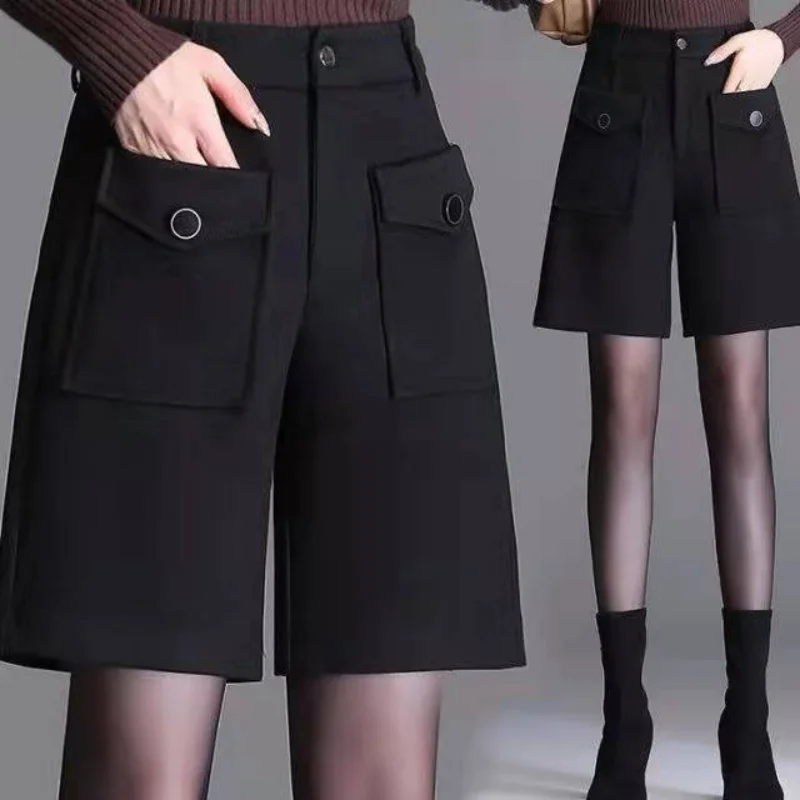 Autumn Winter New Street Casual High Waist Straight Shorts Solid Loose Pocket Wide Leg Shorts Vintage Fashion Women Clothing