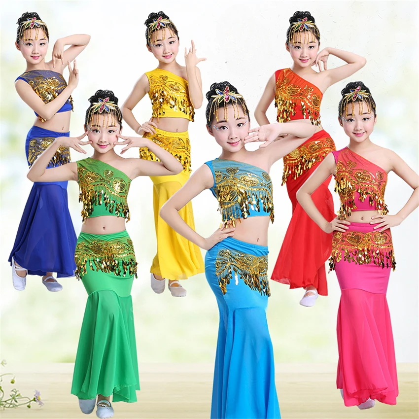 

Children Egypt Performance Pratice Clothes Oriental India National Girl Sequins Shoulder Off Tail Belly Skirt Bellydance Costume