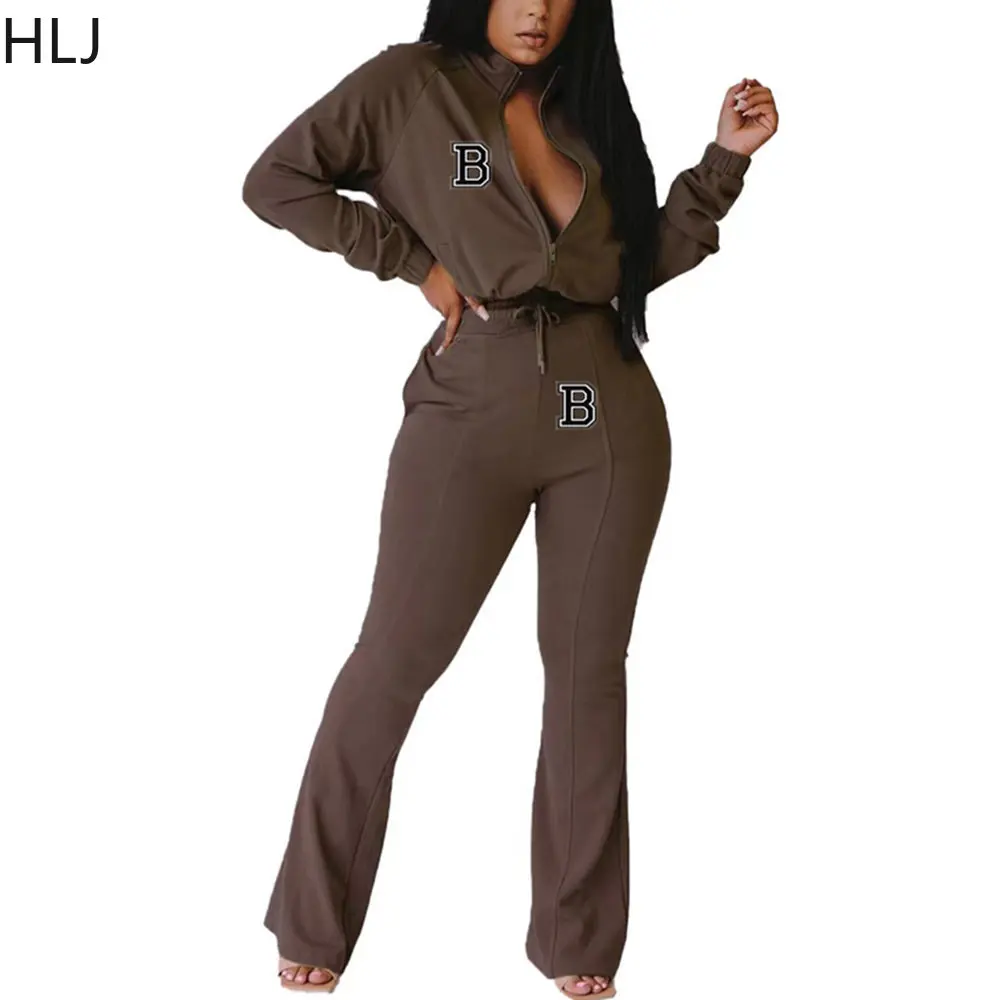 

HLJ Fashion Letter Print Tracksuits Women Zipper Long Sleeve Coat And Skinny Pants Two Piece Sets Casual Matching 2pcs Outfits