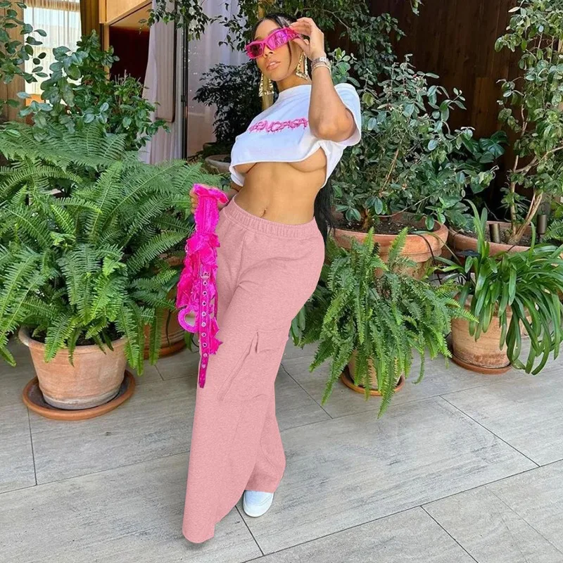 Cotton Wide Leg Pants 2023 Fall Winter Thick Women Cargo Style Elastic Waist Pockets Loose Casual Trousers Female Streetwear