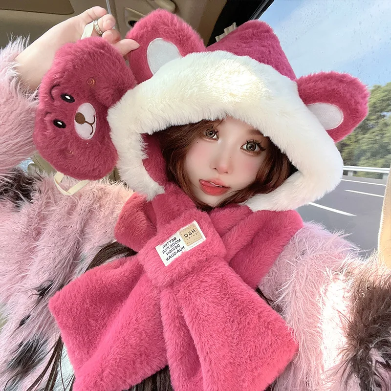 Warm Winter Hat Cute Bear Hat Scarf Scarf All-In-One Women's Winter Earmuffs Lei Feng Plush Cycling Warm Ski