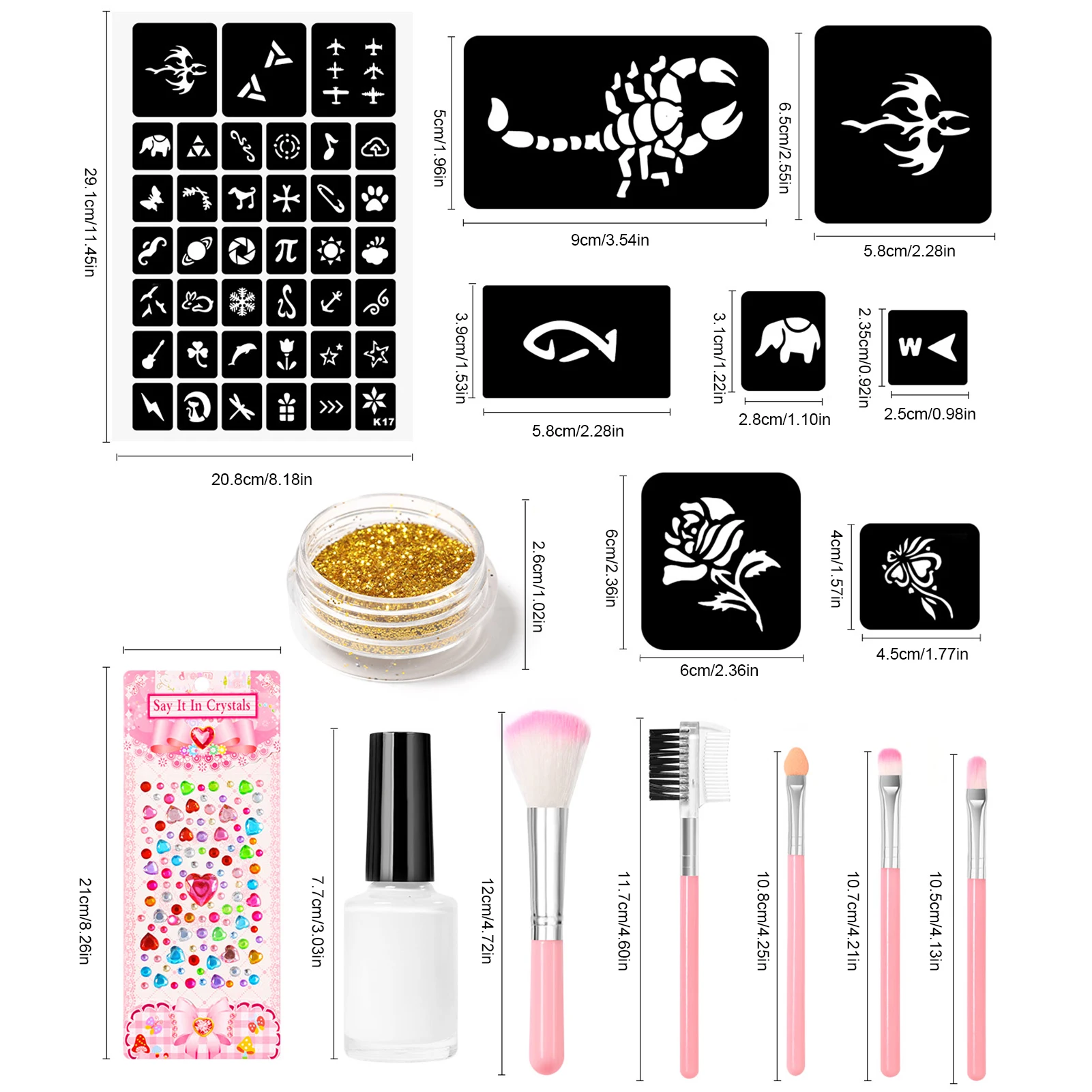 Kit de tatuagem glitter com estêncil, pincel de cola, maquiagem, design de arte corporal para pessoas, pó para pintura corporal infantil, 36 cores