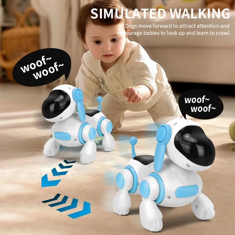 Intelligent interactive robot dog simulates walking emits light makes sound plays music without battery