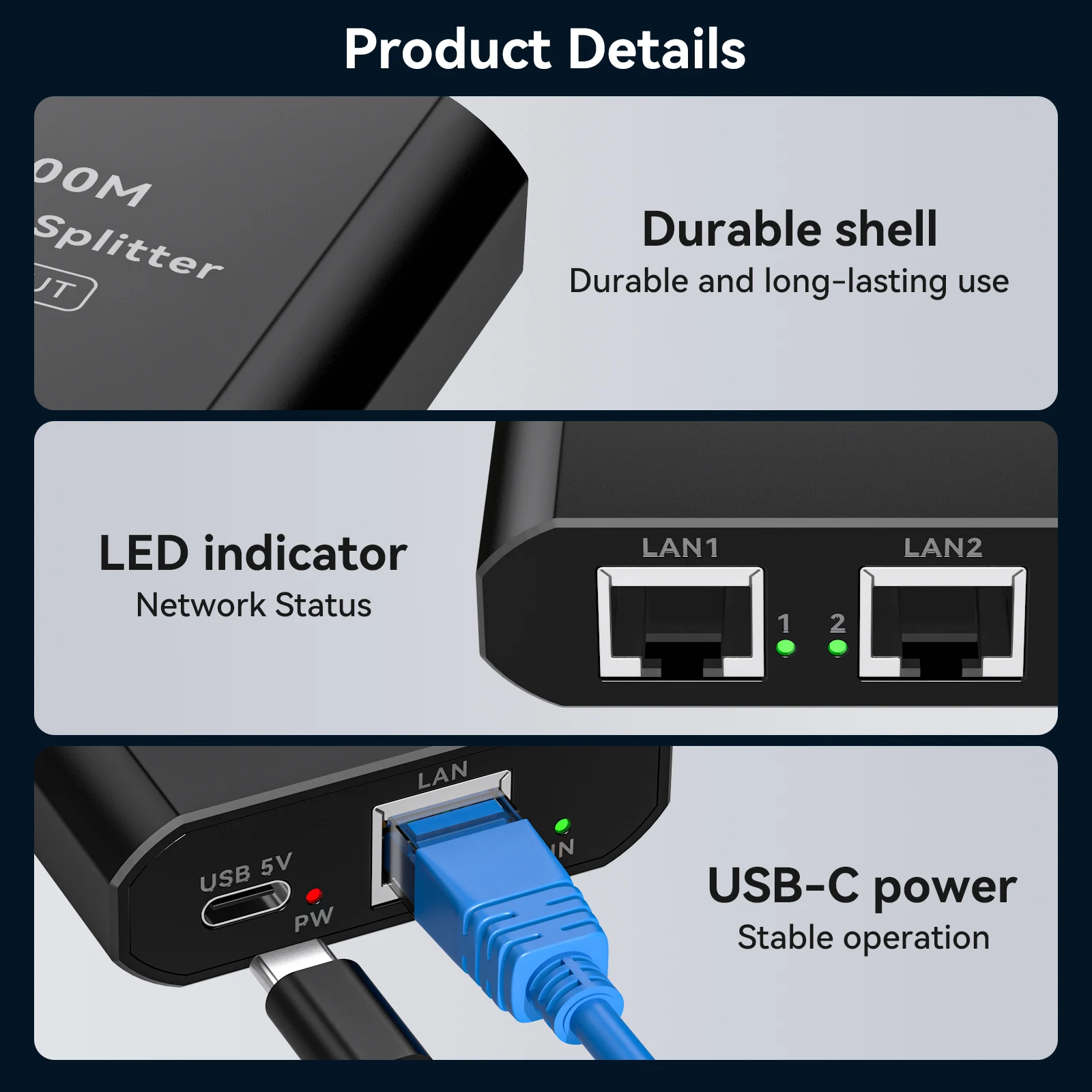 RJ45 Splitter 1 to 2 1000 Mbps Ethernet Splitter with Type-C Power Cable 1 in 2 Out Gigabit Switch Wireless Cable Switcher VPFET - Imagen 5