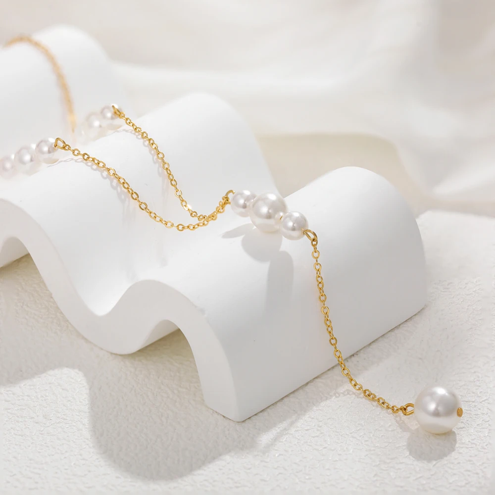 Classy Bride Wedding Pearl Necklace Stainless Steel Thin Metal Chain Long Pearls Pendant Clavicle Choker for Women Trend Jewelry