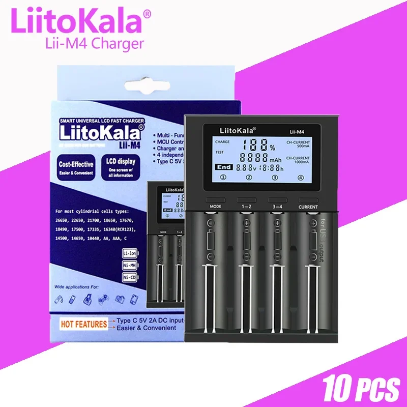 

10 шт./партия, зарядное устройство LiitoKala Lii-M4 18650, ЖК-дисплей для батарей 26650, 21700, 32650, 20700, 21700, AA, AAA