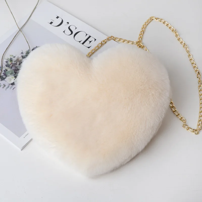 Fashion Women's Heart Shaped Handbags Cute Kawaii Faux Fur Crossbody Bags Wallet Purse Plush Chain Shoulder Bag Lady Handbag 