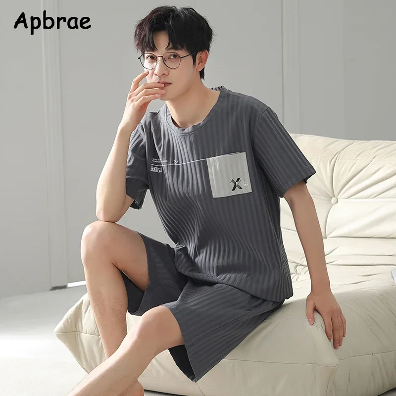 남성용 인조 코튼 잠옷 세트, 반팔 반바지, 빅 사이즈 L-3XL, 젊은 남자 잠옷, 풀오버 홈웨어, 여름
