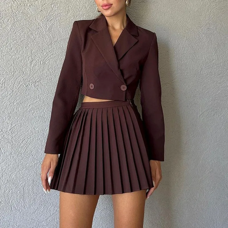 Women's INS New Fashion Casual Two piece Suit Slim Skirts Set Temperament Women Long Sleeve Suit & High Waist Pleated Mini Skirt