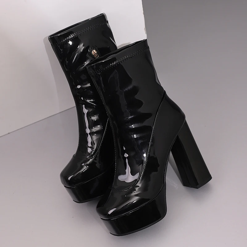 Plus Size Round Toe Platform Super High Thick Heel Glossy Patent Leather Women's Short Boots Metal Side Zipper Ankle Boots