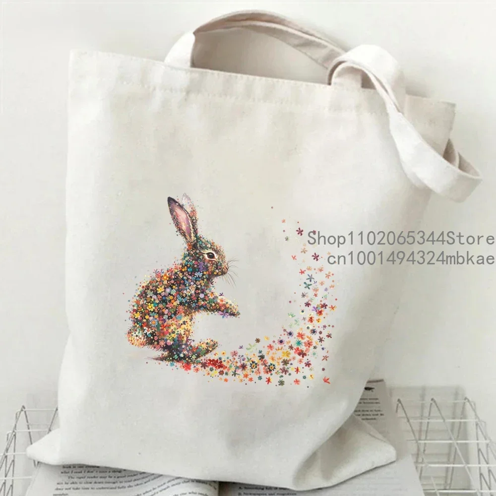 Floral Bunny Watercolor Canvas Tote Bag - Women's Casual Handbag