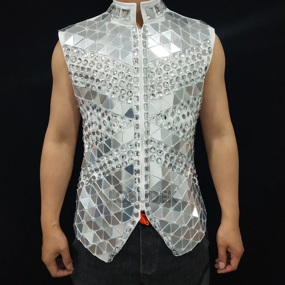 Bar Male Singer Rhinestones Mirror Waistcoat Slim Vest Nightclub Dance Costume Red Black Blue White michael jackson cosplay outfit
