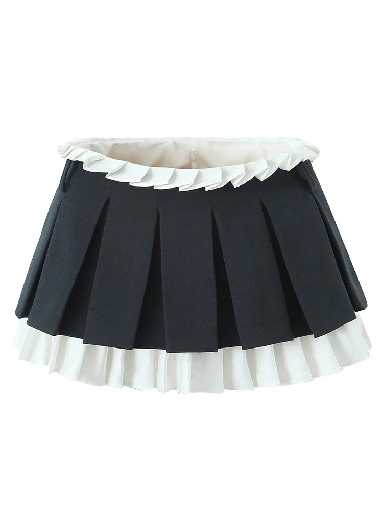 

suninbox 2024 Women New Fashion Hot Sweet Pleated Mini Skirt Sexy Low Waist Super Short Skirts Chic Patchwork Skorts