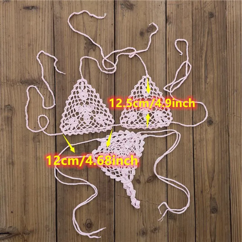 G String Crochet Swimsuit 2022 Women Swimwear Sexy Thong Low Waist Side Tied Lace Up Underwear Beach Bikini Set Female Lingerie