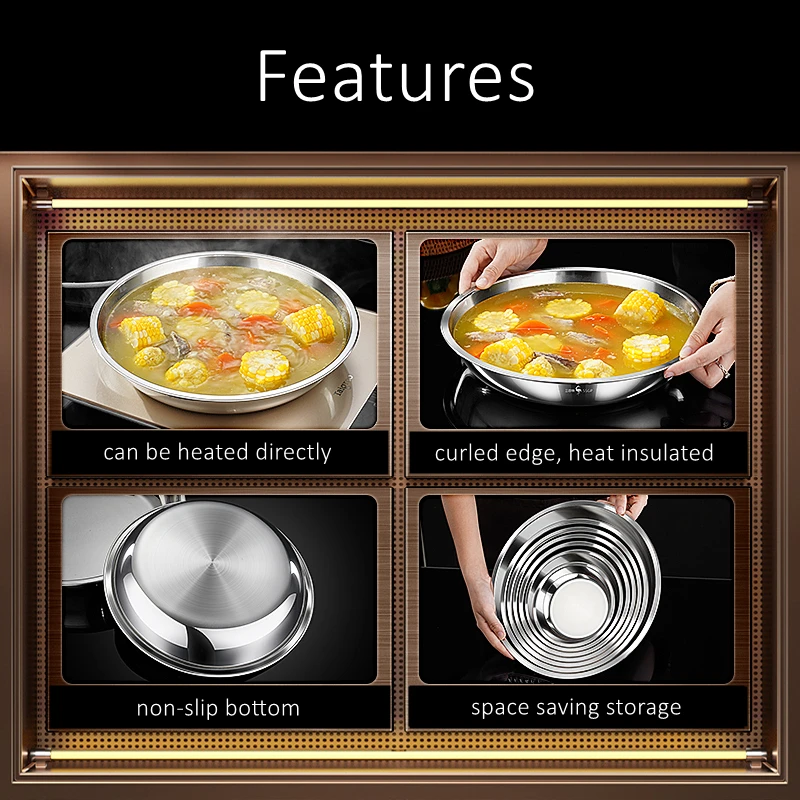 LFGB Certificated 316L Stainless Steel Plate 99.9% Anti-bacterial Dish Fall Resistant 14cm~28cm Diameter Tableware for Family