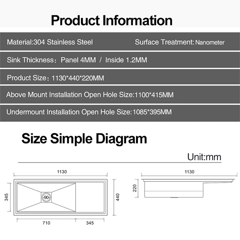 ASRAS Nanometer Black Single Large Size Hidden Kitchen Sink 4mm Thickness Handmade Undermount Installation Hidden Kitchen Sinks