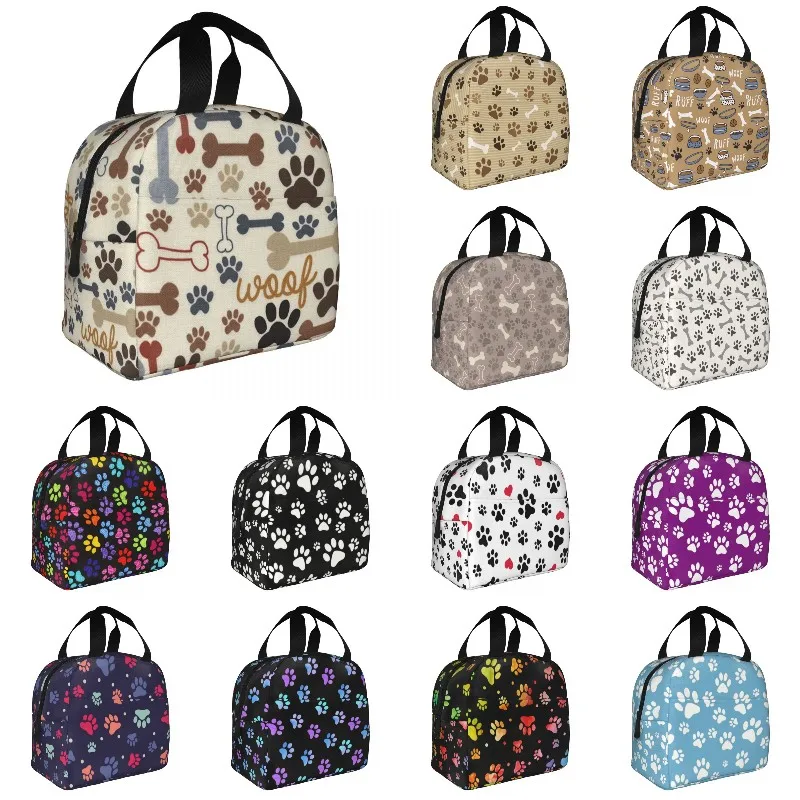 

Cute Dog Bones And Paw Print Lunch Bag Thermal Cooler Insulated Lunch Box for Women Children School Work Picnci Food Bags