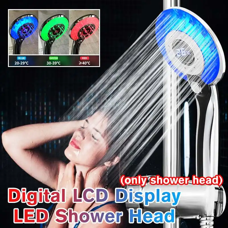 

Shower Head Water Saving Flow with LED Light Digital Temperature Control 3 Spraying Mode Rain Spray Nozzle Bathroom Accessories