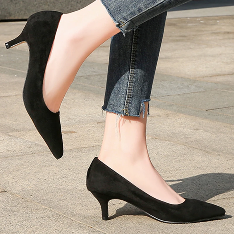 High Heel Pumps Casual OL Work Shoes Large Size 35-46 Low Heel 5 Cm Flocking Stiletto Brand Professional Daily Shoes - AliExpress