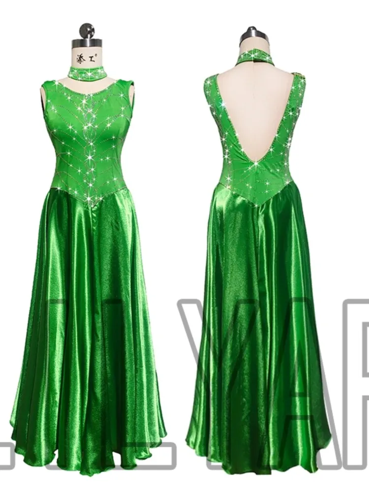 

New Modern Dance Skirt Performance Competition Performs Adult Female Green Sleeveless Sparkling Diamond Long Backless