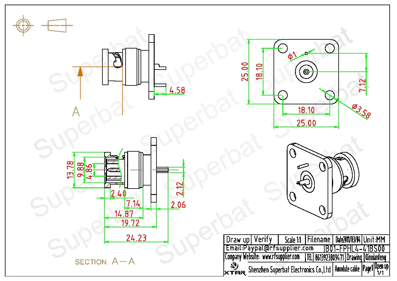 Male BNC 4 Hole Panel Mount RF Coaxial Connector for Audio Applications