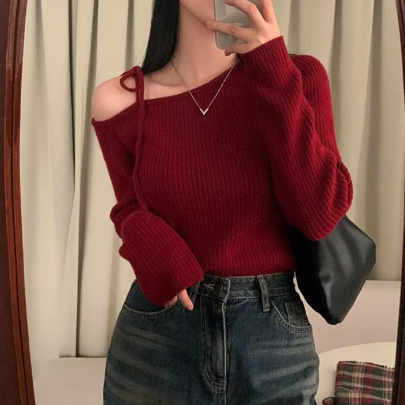 New Women's Sexy Unilateral Lace-up Long-sleeved Sweater Fashionable Solid Color Elegant Casual Jumper Blouse