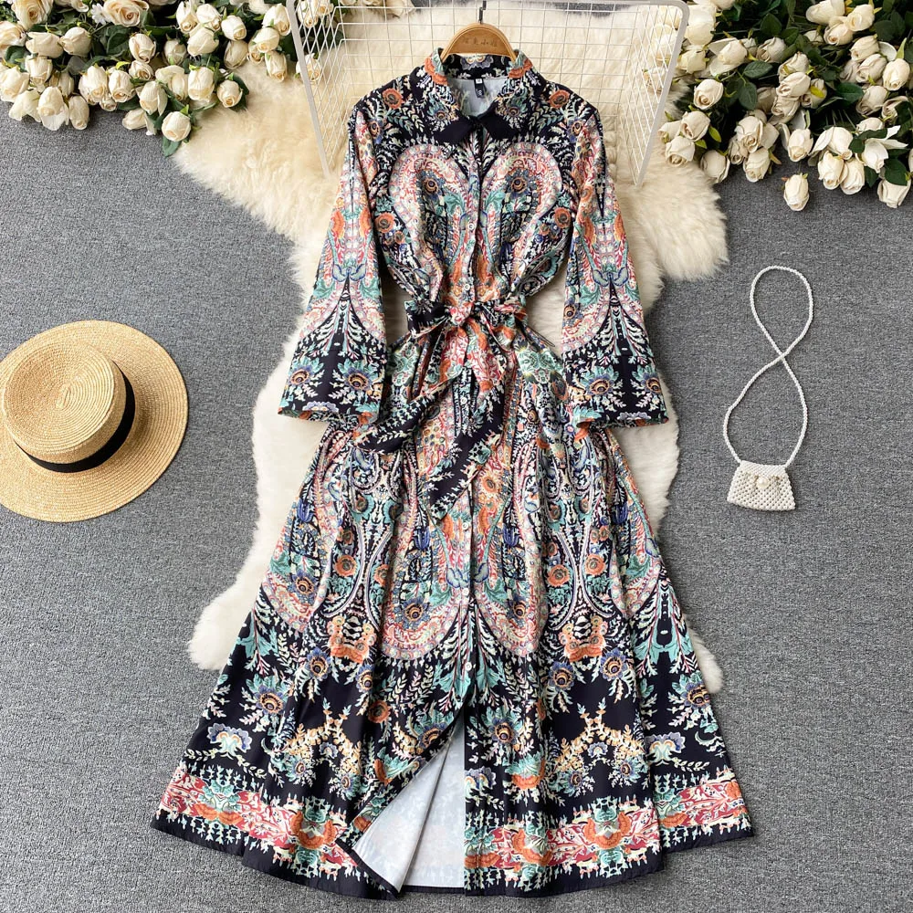 

High End Atmospheric Hepburn Dress Women's Lace Up Thin Retro Print Temperament Waist Closing Dress Shirt Long Dress