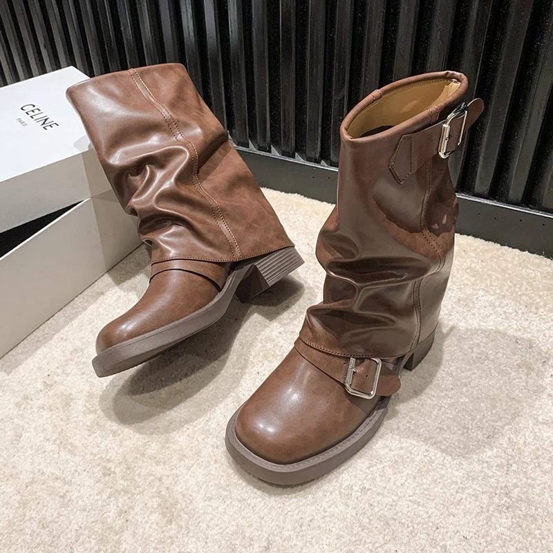 New Winter Boots for Women Medium Heel Thick Chelsea Boots Brand 2024 Pleated Ankle Boots High Heels Gladiator Motorcycle