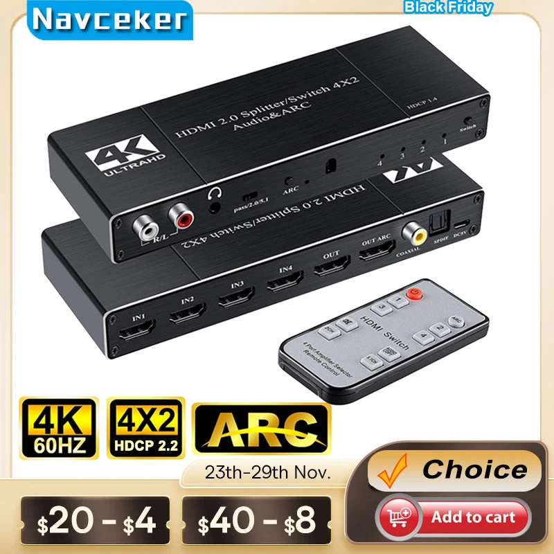 4x2 4K HDMI Switch Audio Extractor ARC Optical Toslink IN