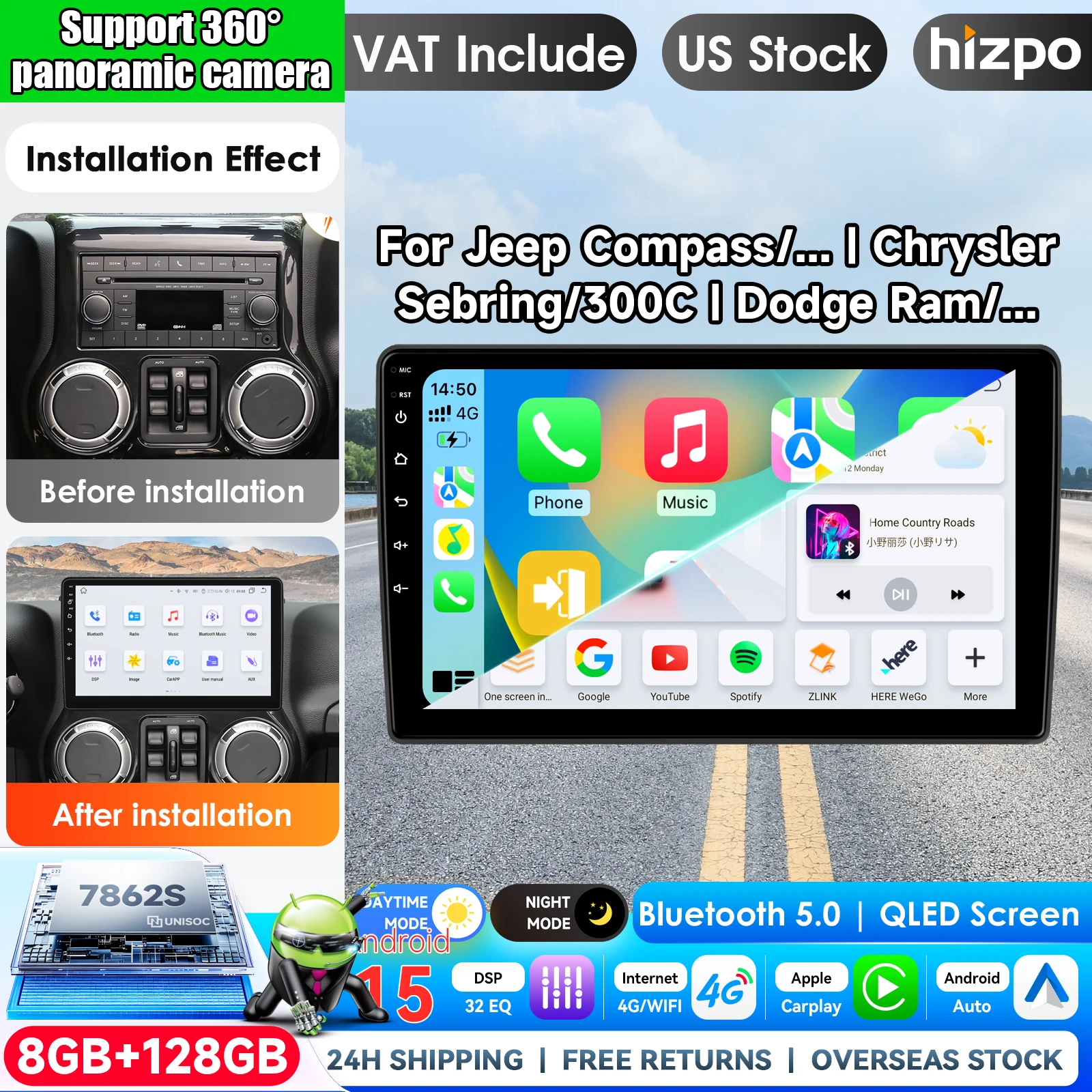 Radio para Auto Hizpo de 10.1 Pulgadas con CarPlay Inalámbrico y Android Auto para Jeep Wrangler, Chrysler Compass, 300C, Dodge, Sistema Multimedia Inteligente con Pantalla Táctil IPS, Reproductor de Video Estéreo, Autoradio 2 Din, Navegación, BT, GPS, 4G, WIFI, FM, AM 1