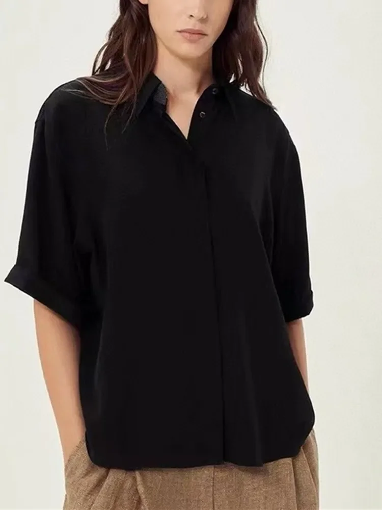 

Shirt for Women 2023 New 100% Silk Beadings Covered Buttons Simple Loose Casual Rolled Sleeve Blouses