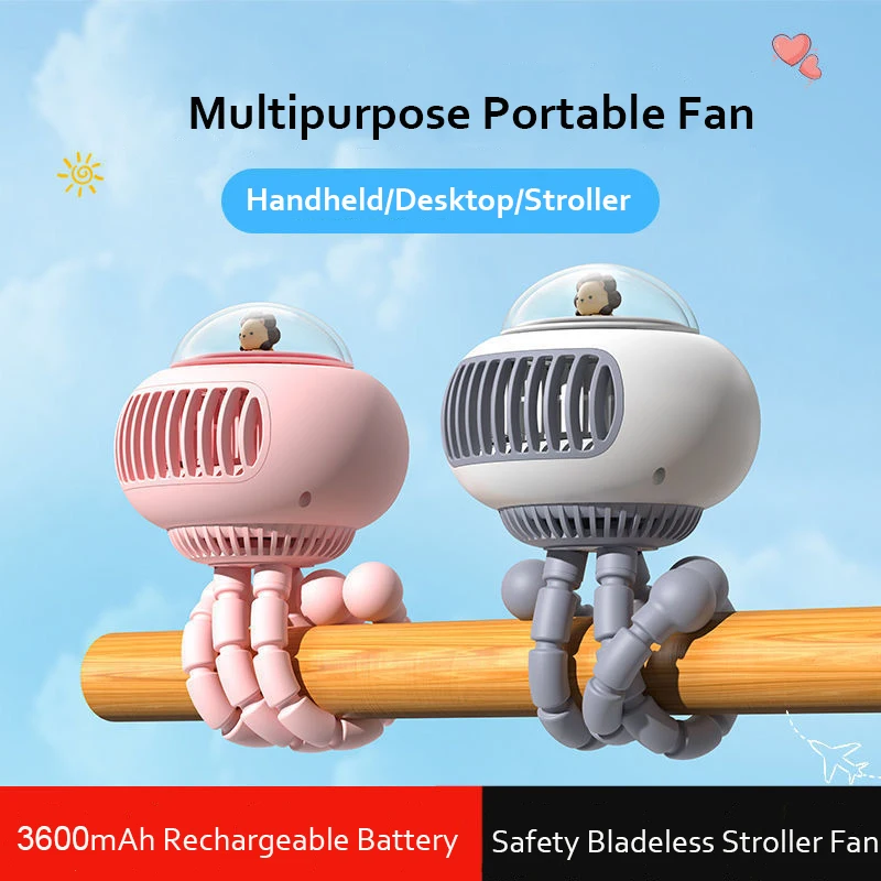 Mini Flexible Air Conditioner 3600mAh Chargeable Stroller Cooling Fan 130° Auto Rotation 4-gear Wind Handheld for Outdoors Quiet