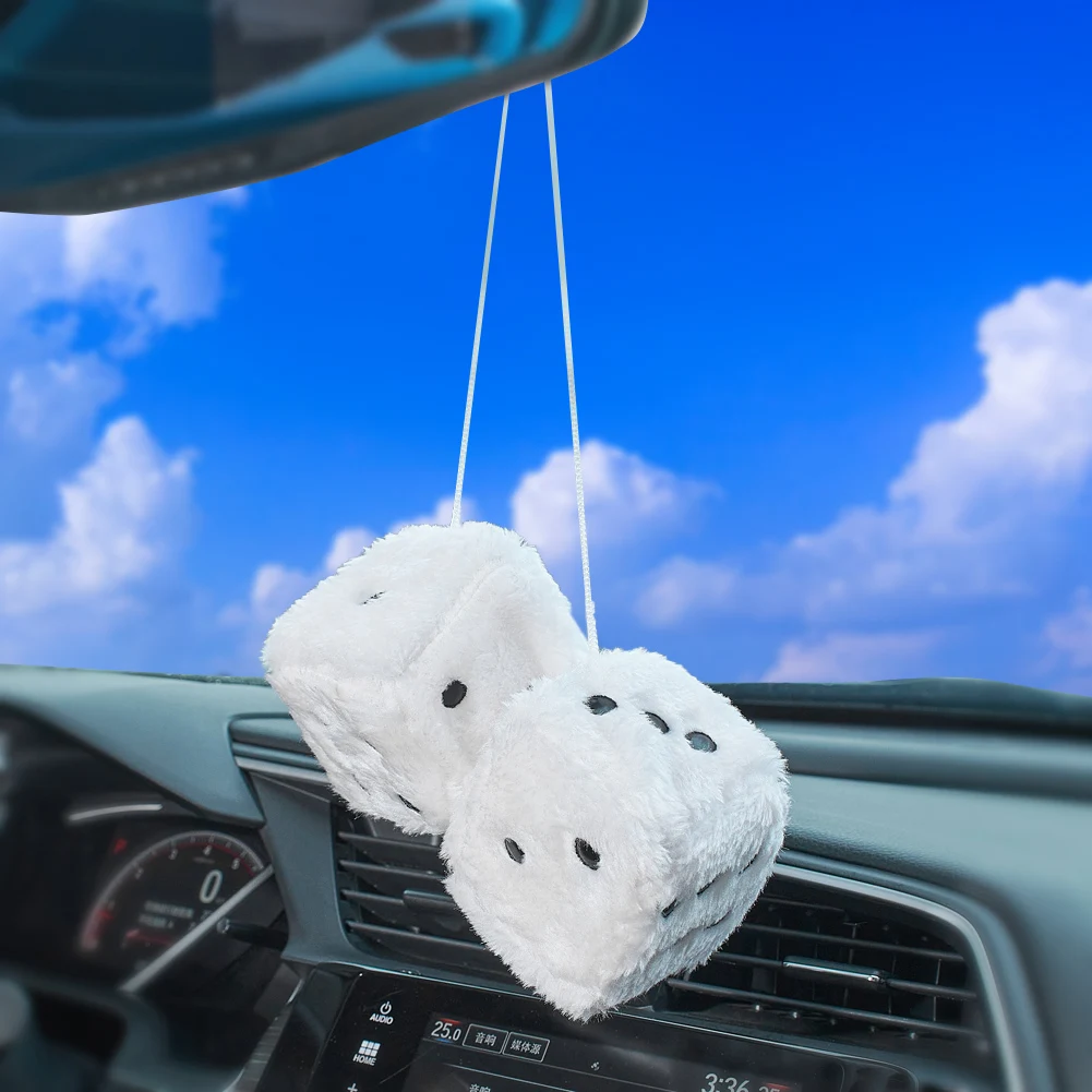

Retro Square Mirror Hanging, Couple 2.95” Fuzzy Plush Dice with Dots Mirror Fuzzy Dices for Car Interior Ornament Decoration