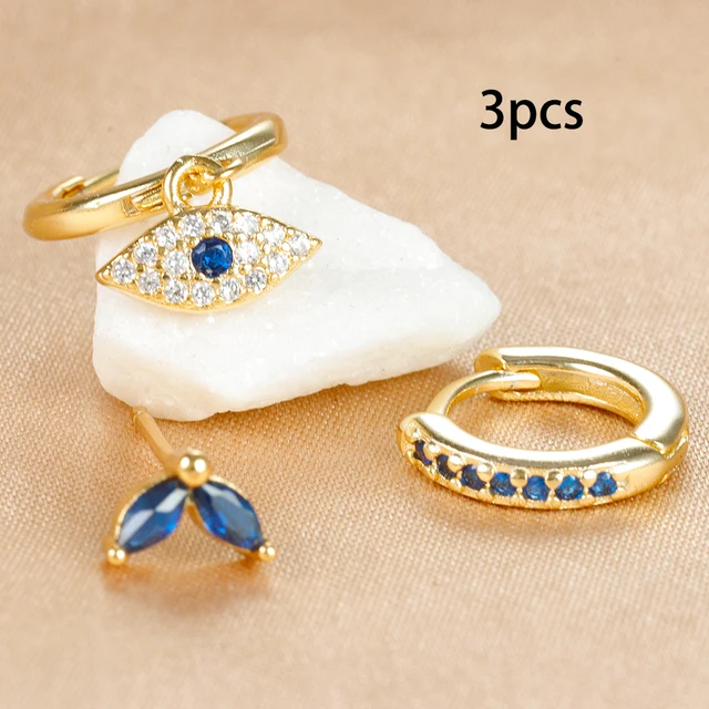 3pcs Stainless Steel Blue Zircon Evil Eye Hoop Earrings Set For Women 18K Gold Plated Cartilage Piercing Earring Fashion Jewelry 6