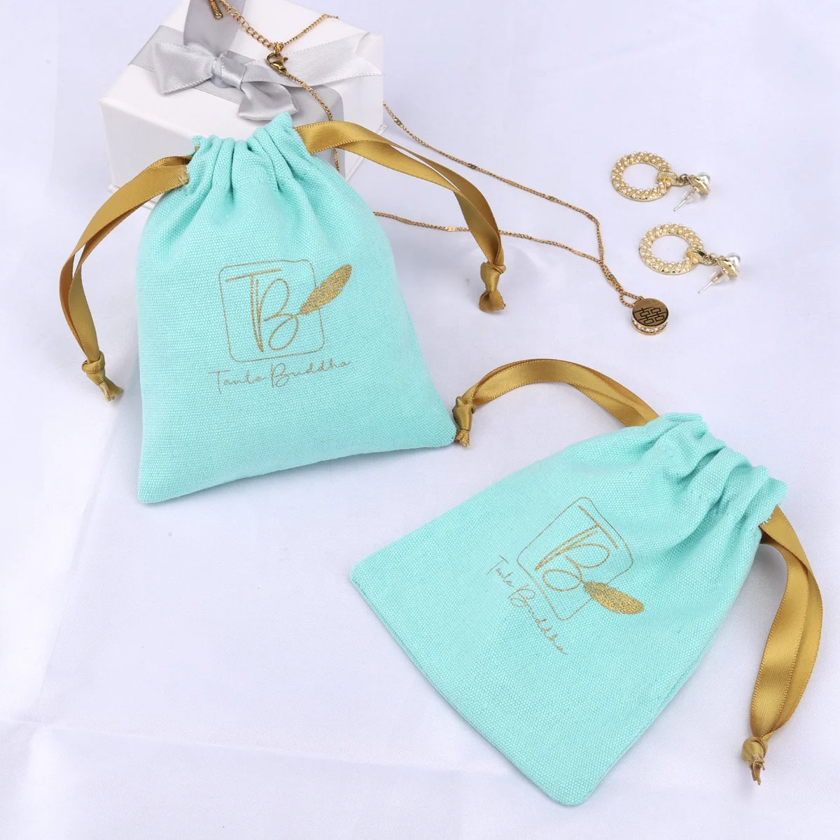 

Blue Cotton Gift Bags 8x10cm 9x12cm 11x14cm Eyelashes Makeup Essential Oil Muslin Drawstring Pouches Jewelry Logo Canvas Sack