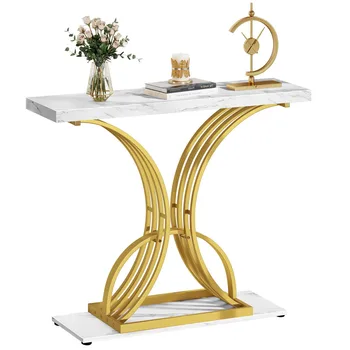 Modern Gold Console Table 39" Entryway Table with White Faux Marble Living Room furniture living room 2