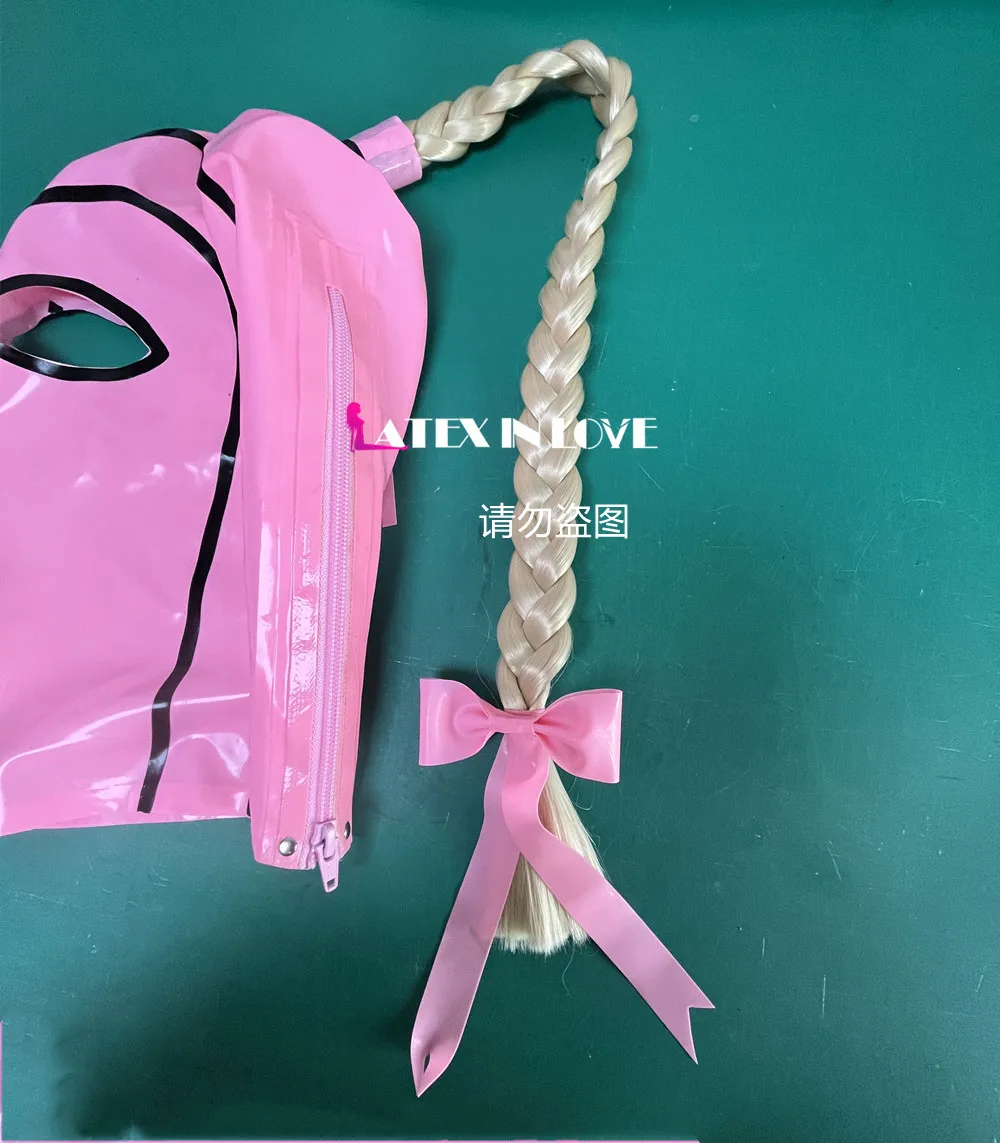 Pink Latex Fetish Hood Mask with Braided Hair Blond Ponytail Back Zipper latex bodysuit