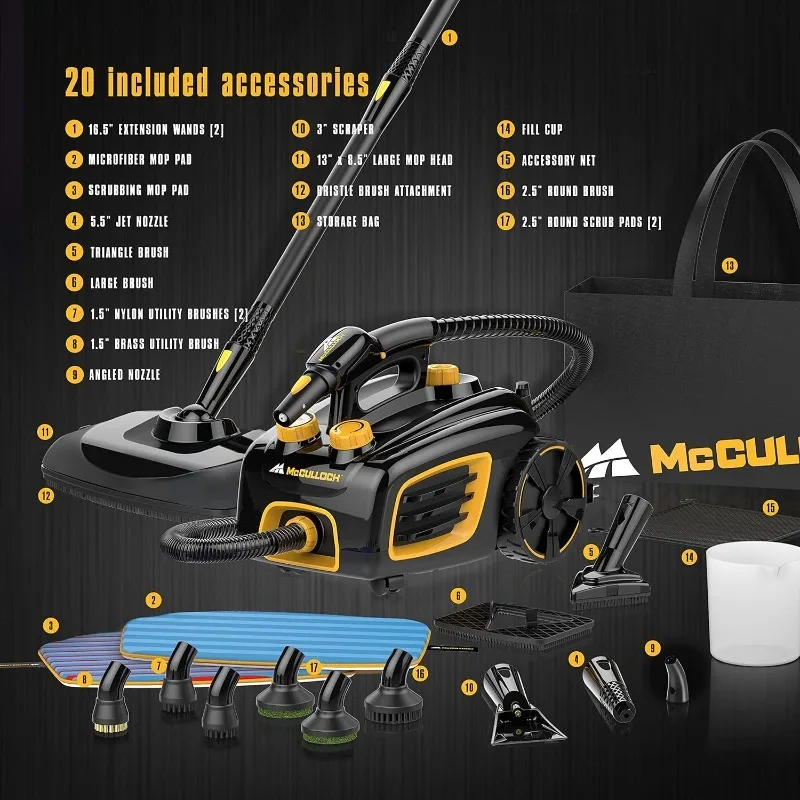 McCulloch MC1375 Canister Steam Cleaner with 20 Accessories, Extra-Long Power Cord, Chemical-Free Cleaning for Most Floors 2