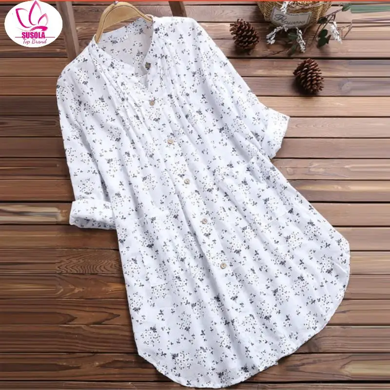 

SUSOLA 5XL Lady New White Long Shirts Women Spring Autumn Summer Clothes Shirt Dress Cotton Casual Print Botton Dresses