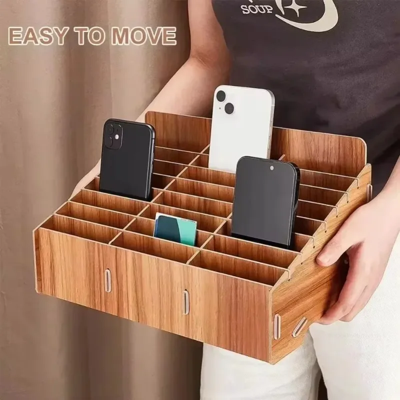 Per forniture per ufficio e scuola Scatola portaoggetti per cellulare in legno a 24 griglie, scatola portaoggetti per la gestione dei telefoni cellulari Organizzatore da tavolo - immagine 2