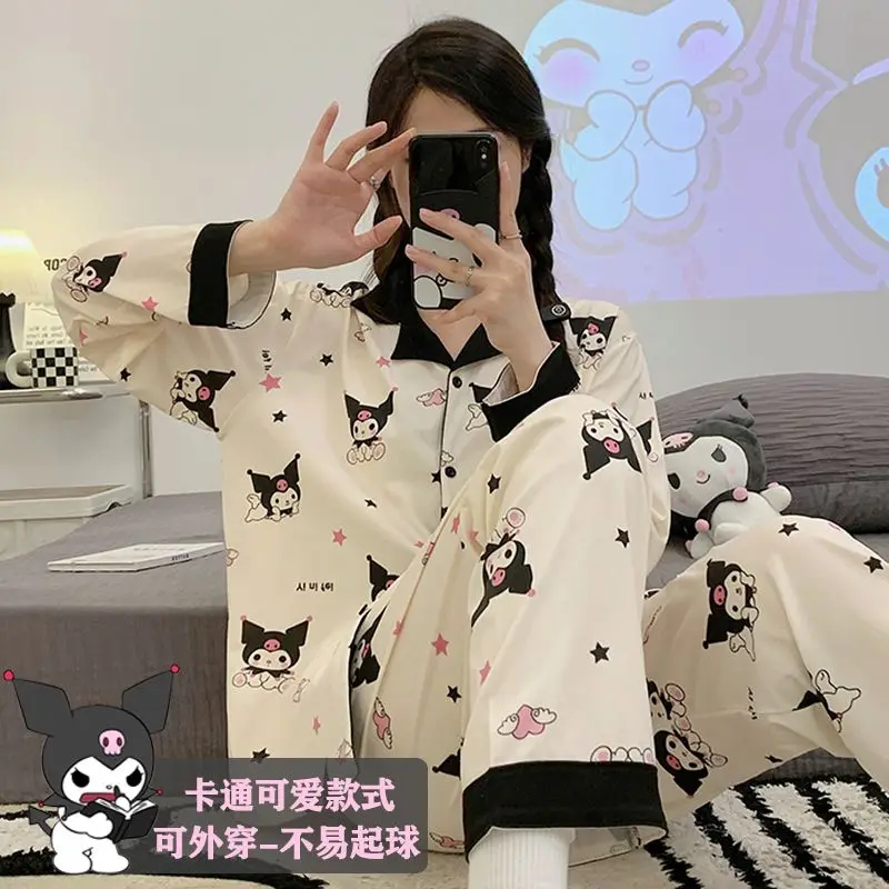 

New Sanrio cute Kuromi Pochacco pajamas for women spring and autumn long-sleeved cotton can be worn outside fat MM home clothes