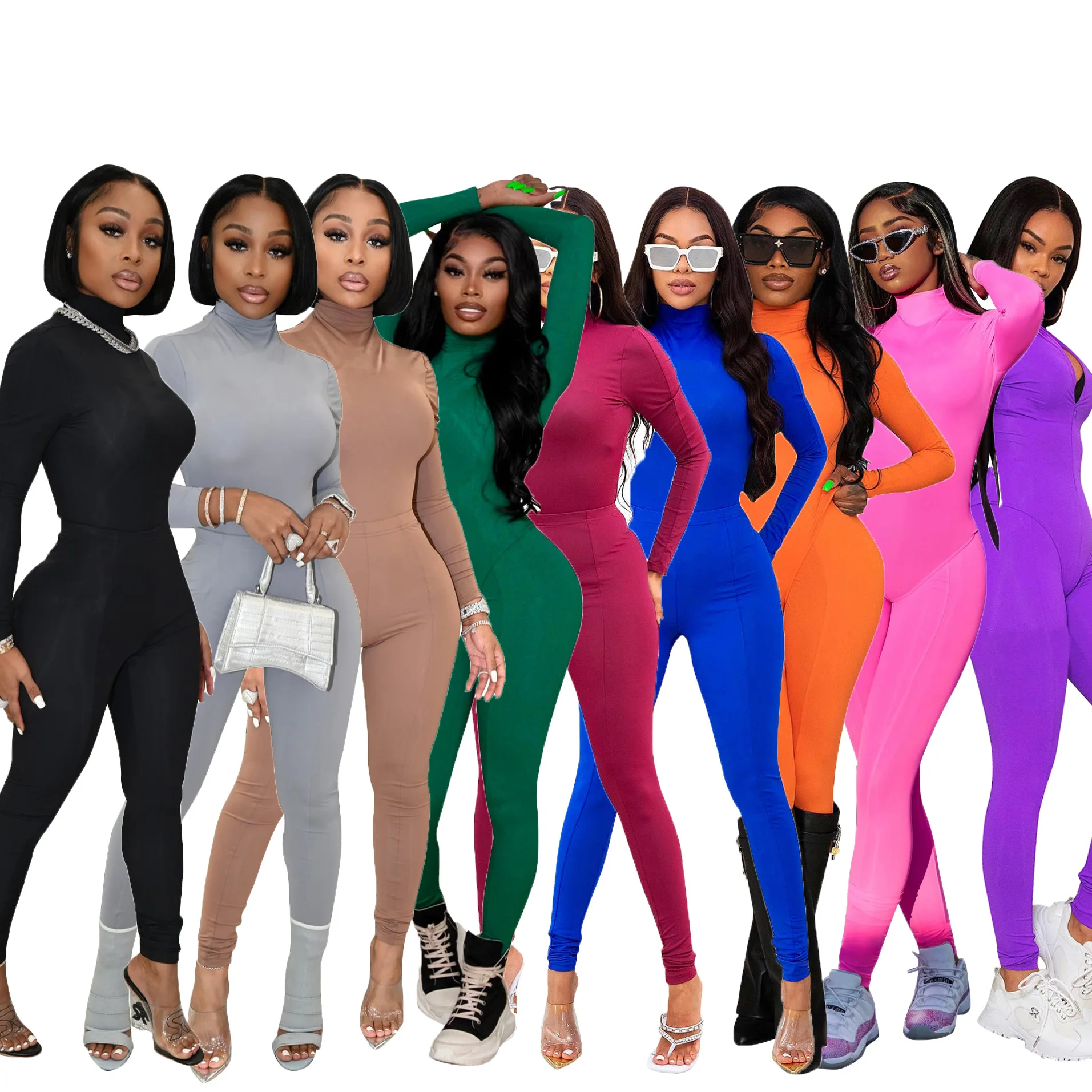 Women Bodysuit Jumpsuit Two-Piece Set Fitness Solid Color Tight Thermal Turtleneck Jumpsuit Top And Skinny Pant Two Piece Suit yufeida summer men one piece tight fitness jumpsuit fashion man zipper sleeveless hooded romper with pockets male sport bodysuit