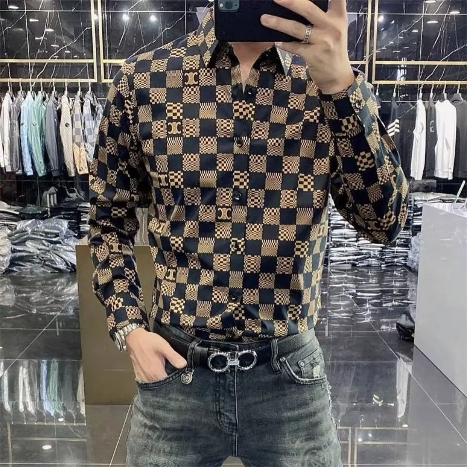 

Men's spring and autumn new tide brand letter printing long sleeve shirt business leisure Joker Korean slim shirt